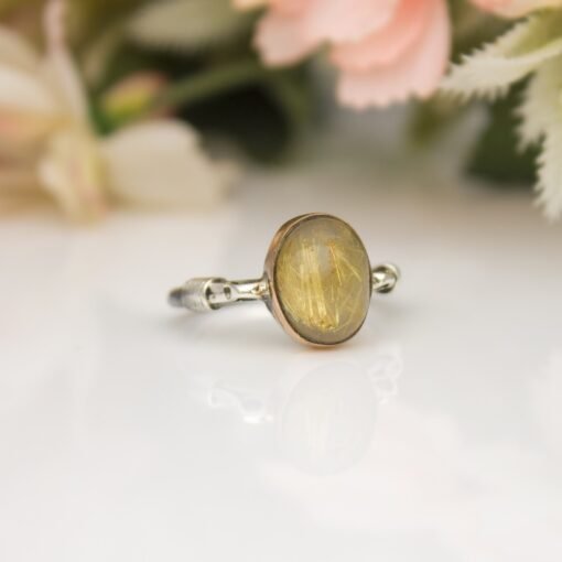 Oval Gold Rutilated Quartz Ring, Hand Made Ring for Women, Minimalist Wrapped Pattern Ring, Statement Gift, Gemstone Jewelry Birthday Gift