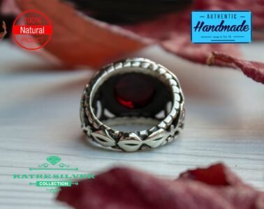 Silver Mens Ring Handcrafted Art, Real Turkish Pattern with Red/Black Stone with Heart and Exquisite Carved Design 3D Masterpiece Garnet - Image 8