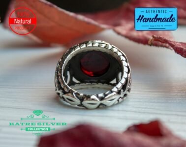 Silver Mens Ring Handcrafted Art, Real Turkish Pattern with Red/Black Stone with Heart and Exquisite Carved Design 3D Masterpiece Garnet - Image 7