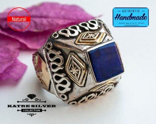 Lapis Lazuli Silver Ring, Square Handmade Turkey Snake Flower Design Perfect for Woman Birthday or Anniversary Party