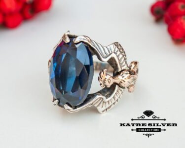 Unique Navy Blue Stone Ring 925 Silver – Handmade Dark Blue Gemstone Statement Ring Elegant Minimalist Gift for Her - Image 4