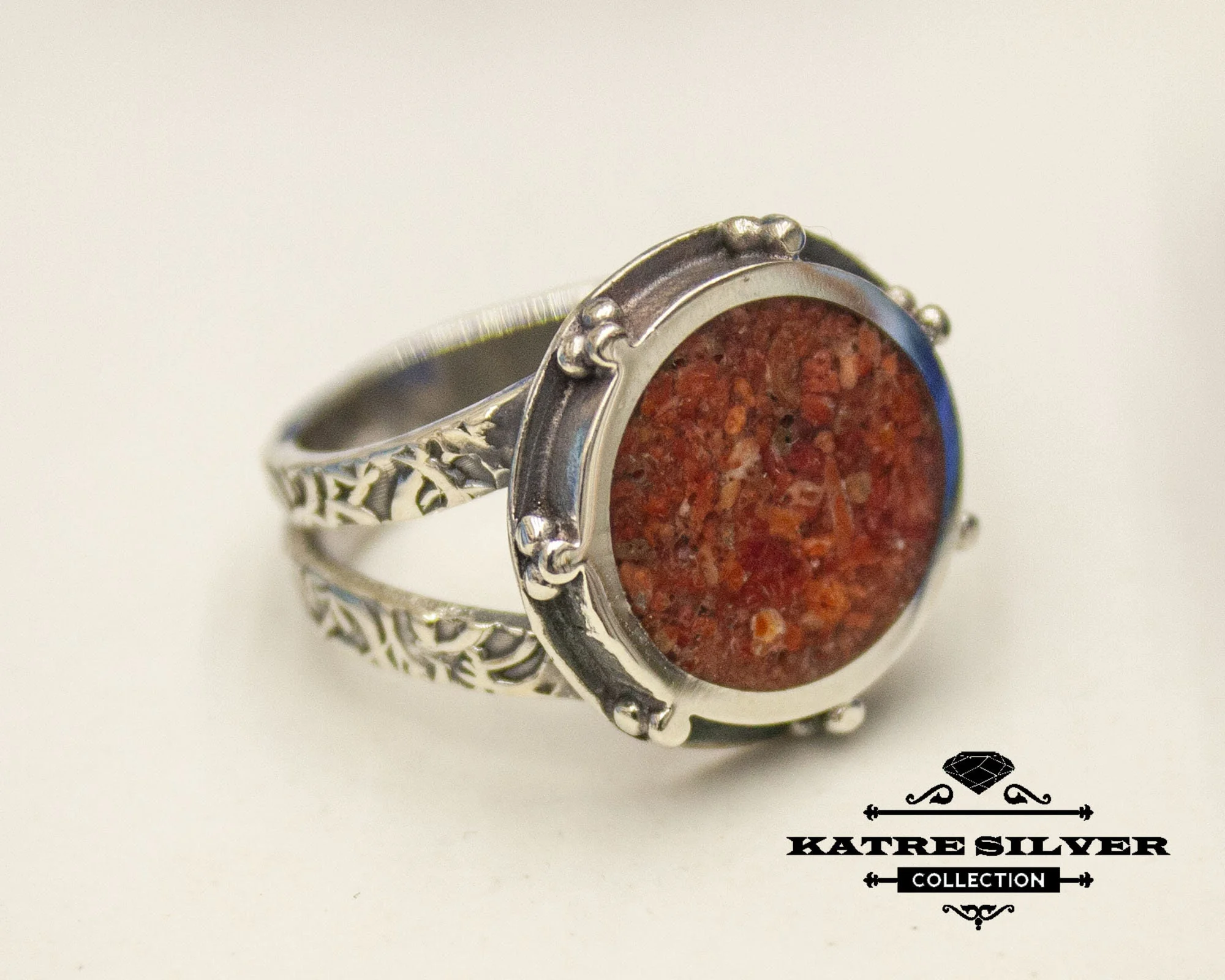 Coral Stone Silver Inlay Ring, Inlay Ring, Mosaic Jewelry, Boho Ring, 925 Silver Ring, Ring Jewelry, Handmade Ring, Gift for Her - Image 5