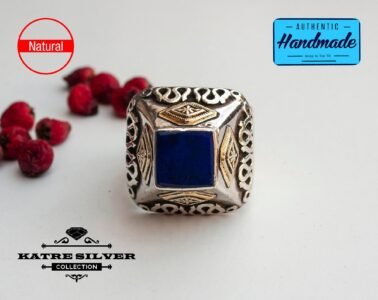 Unique Lapis Lazuli Ring Silver 925 – Handmade Square Turkish Snake Flower Design Gemstone Ring Gift for Her - Image 3
