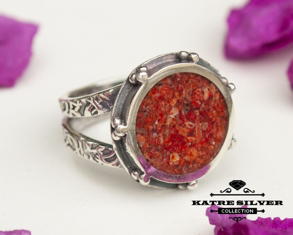 Coral Stone Silver Inlay Ring, Inlay Ring, Mosaic Jewelry, Boho Ring, 925 Silver Ring, Ring Jewelry, Handmade Ring, Gift for Her