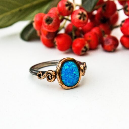 Natural Blue Opal Ring for Women, Natural Inspired Gemstone Black Silver, Infinity Expression Gift for Mom Her Wife Sister Women Birthstone
