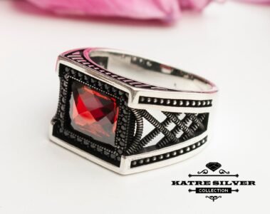 Powerful Red Stone Men Ring 925 Sterling Silver – Ruby Look Statement Ring Handmade Vintage Turkish Jewelry Gift for Him - Image 4