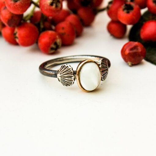 Dainty Pearl Ring, Silver Pearl Ring, Minimalist Ring, Oyster Shell Pattern, Stackable Rings Gold, Handmade Pearl Rings For Women