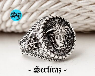 Greek Medusa Mens Statement Ring - Ship Wheel, 925 Sterling Silver and Oxidized Statement Ring - Best Gift Ideas - Image 3