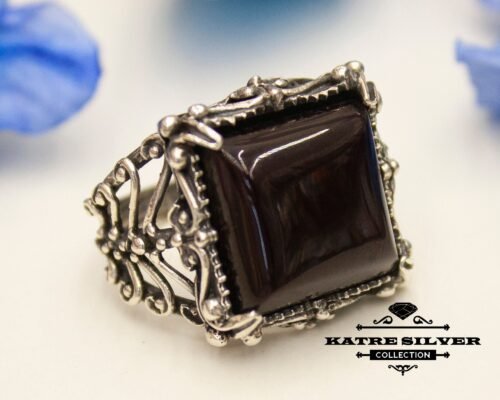 Mens Handmade Ring, Turkish Handmade Silver Men Ring, Dark Green Amber Ring, Ottoman Mens Ring, Gift for Him, 925k Sterling Silver Ring