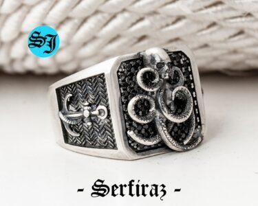 Skull Octopus Ring, Animal Octopus Pirate Anchor Mens Skull Rings, Silver Viking Nautical Skull Ring, Gothic Ring, Onyx Ring, Gift for Him - Image 6