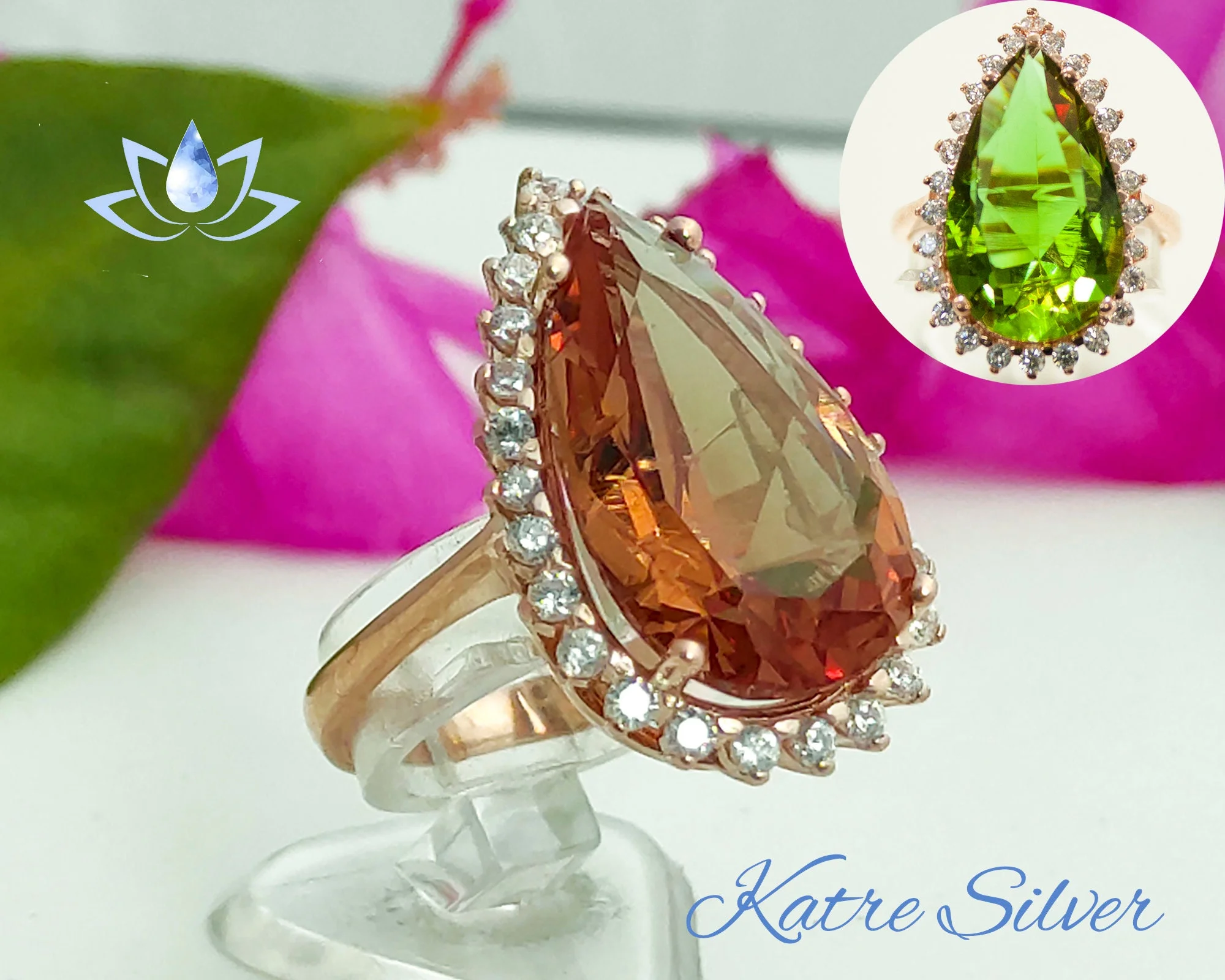 Rose Gold Pear Sultanite Woman Ring, Handmade Silver Ring, Diaspore Woman Ring, Long Ring, Statement Ring, Sterling Silver