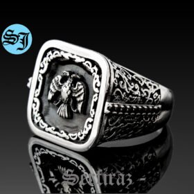 Double Headed Eagle Men Ring, Silver Signet Ring, Class Ring, Eagle Ring, Grandfather Gift, Handcarved Accessory, Handmade Jewelry