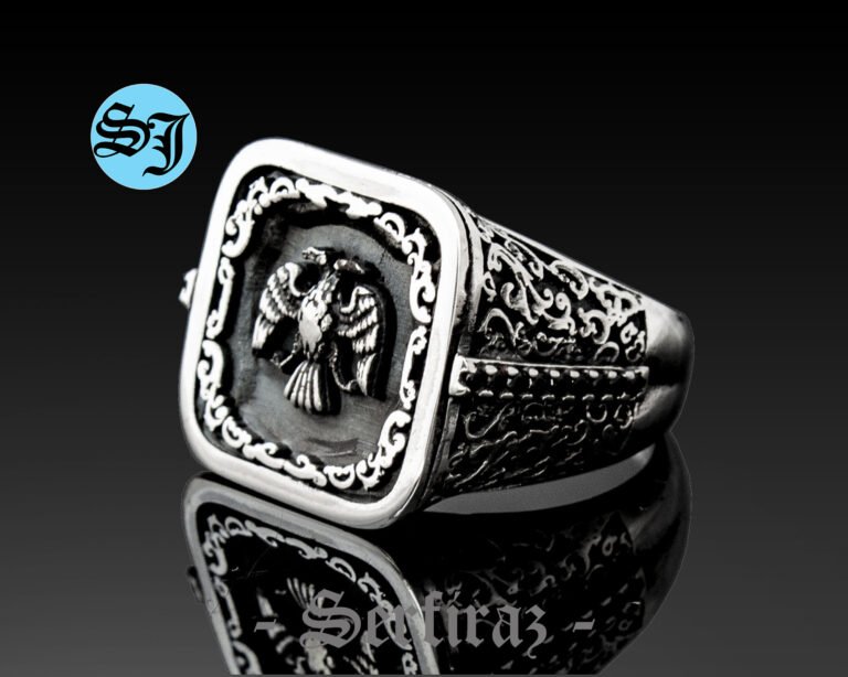 Double Headed Eagle Men Ring, Silver Signet Ring, Class Ring, Eagle Ring, Grandfather Gift, Handcarved Accessory, Handmade Jewelry