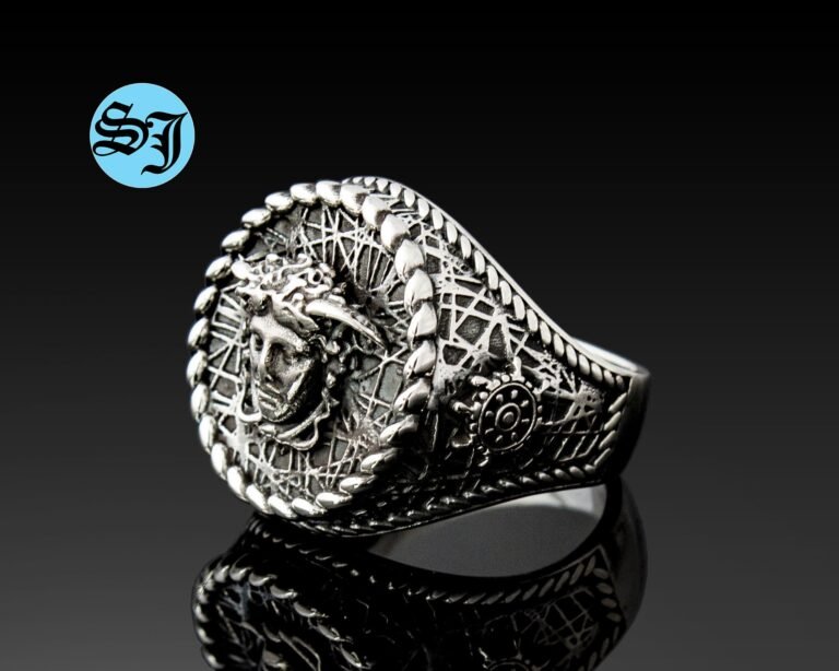 Greek Medusa Mens Statement Ring - Ship Wheel, 925 Sterling Silver and Oxidized Statement Ring - Best Gift Ideas