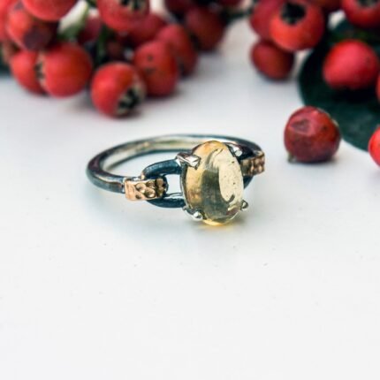 Yellow Citrine Ring Silver, Black Branch Ring, Cabochon Natural Gemstone Jewelry for Women, Statement Ring, Birthday Gift for Her