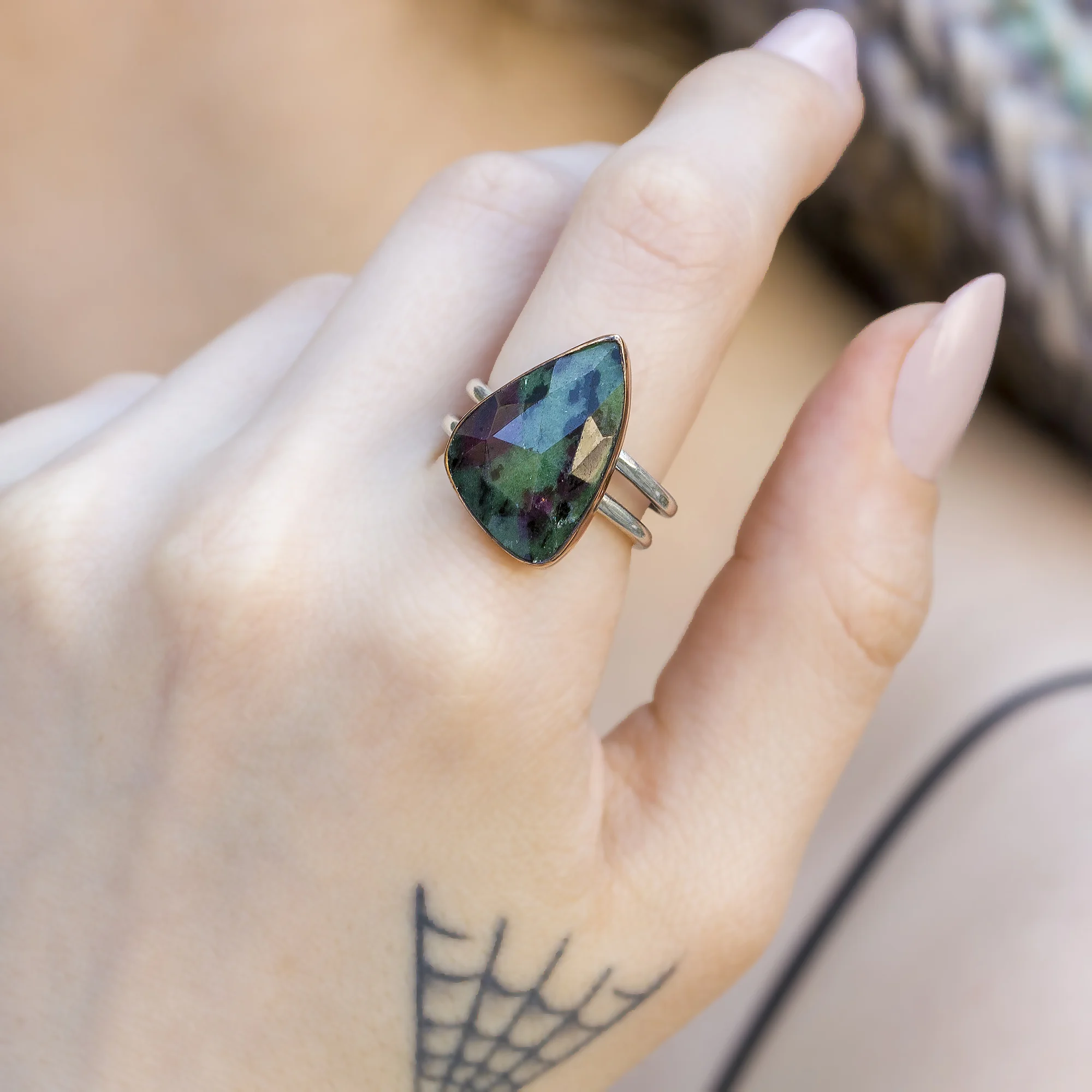 Stunning Ruby Zoisite Ring 925 Sterling Silver – Natural Red Green Gemstone Cocktail Ring Handmade Meditation Stone Gift for Her - Image 2