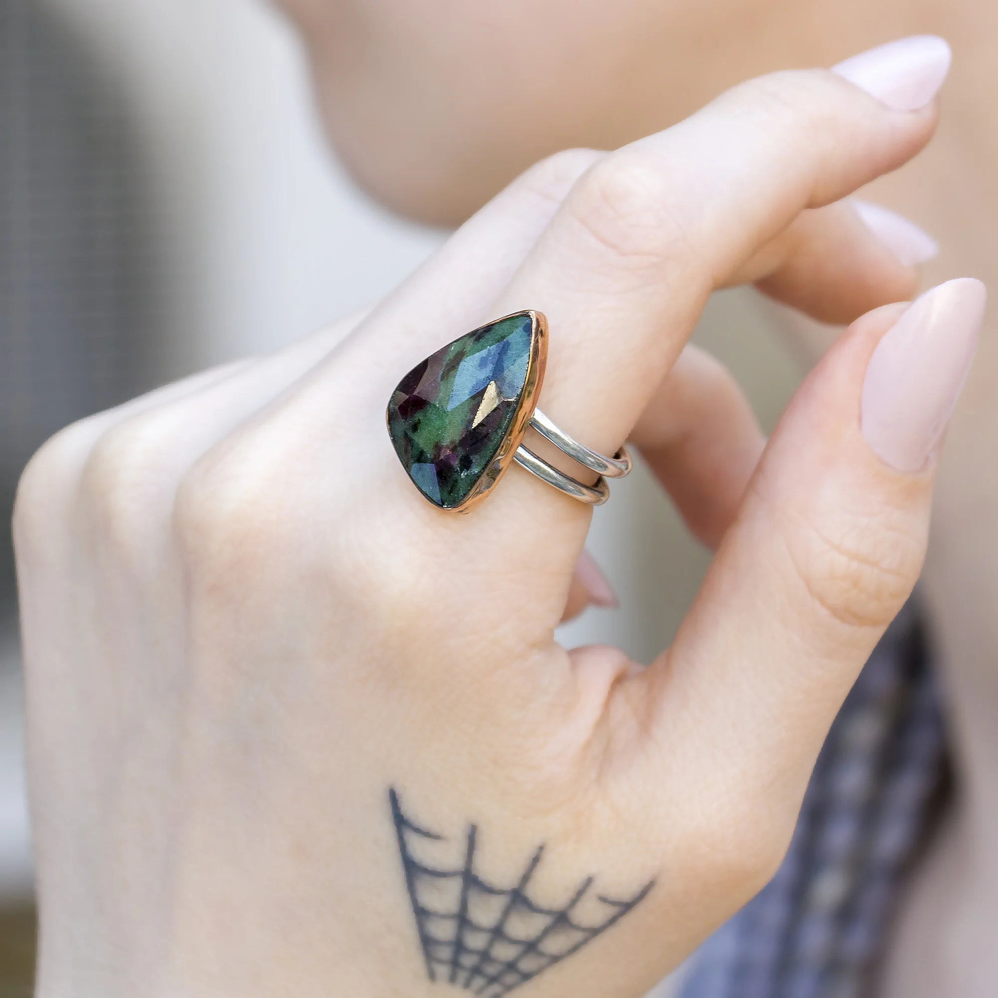 Stunning Ruby Zoisite Ring 925 Sterling Silver – Natural Red Green Gemstone Cocktail Ring Handmade Meditation Stone Gift for Her - Image 4