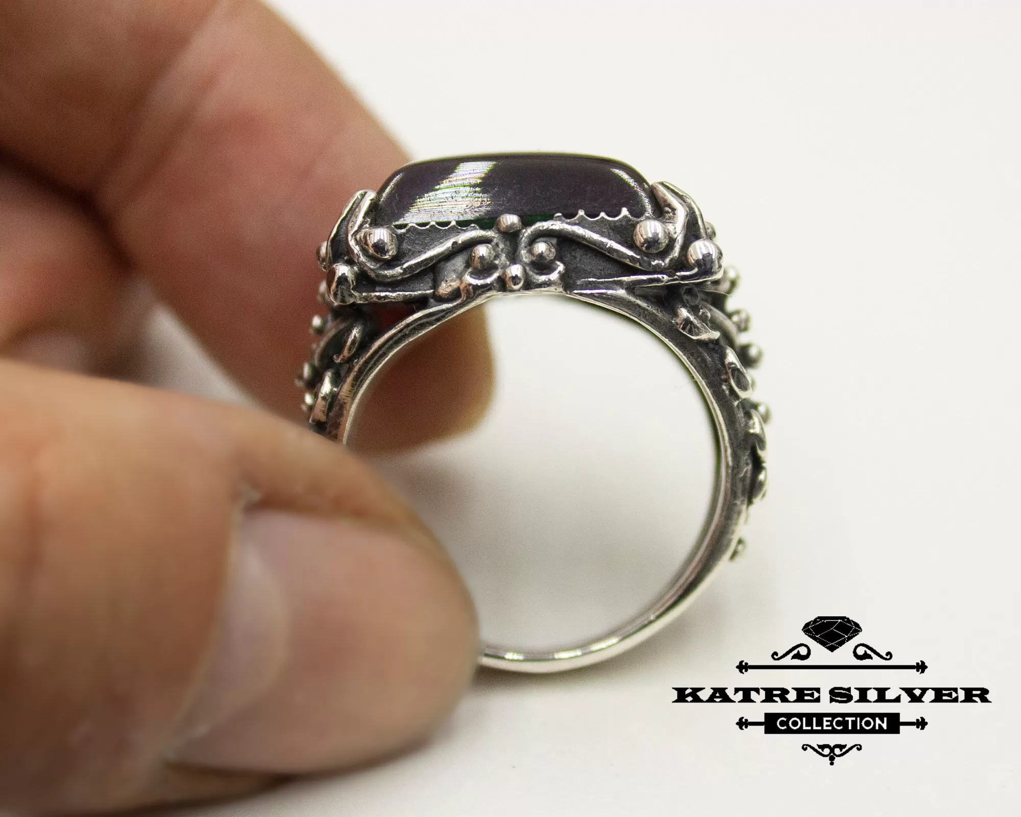 Authentic Green Amber Men Ring 925 Sterling Silver – Ottoman Style Handmade Turkish Statement Ring Gift for Him - Image 7