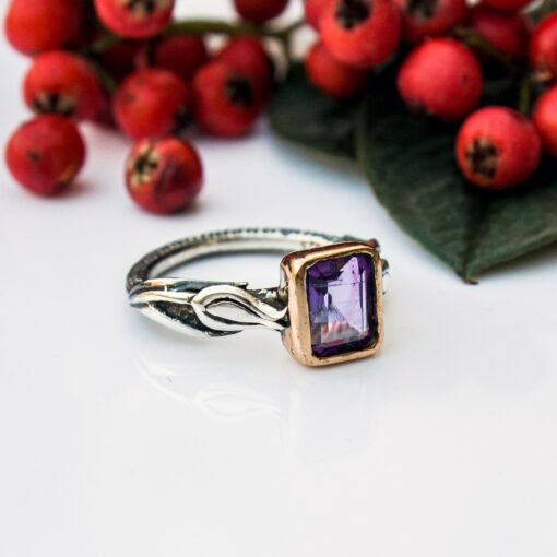Natural Amethyst Ring, Amethyst Silver Ring, Tulip Pattern Amethyst Ring for Women, Boho Hippie Ring, Raw Stone Ring, Valentines Day Gift