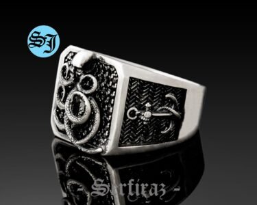 Skull Octopus Ring, Animal Octopus Pirate Anchor Mens Skull Rings, Silver Viking Nautical Skull Ring, Gothic Ring, Onyx Ring, Gift for Him - Image 3