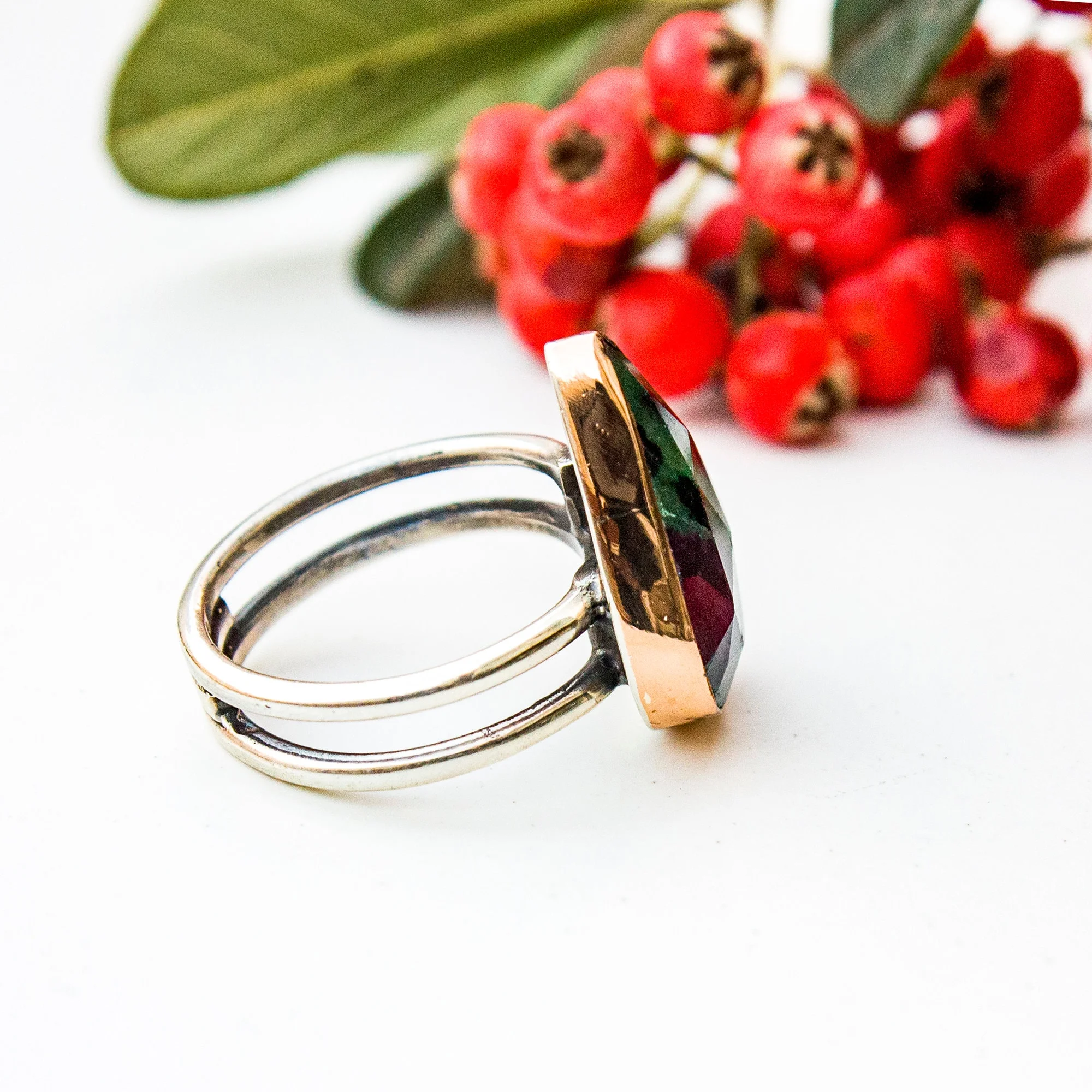 Stunning Ruby Zoisite Ring 925 Sterling Silver – Natural Red Green Gemstone Cocktail Ring Handmade Meditation Stone Gift for Her - Image 7