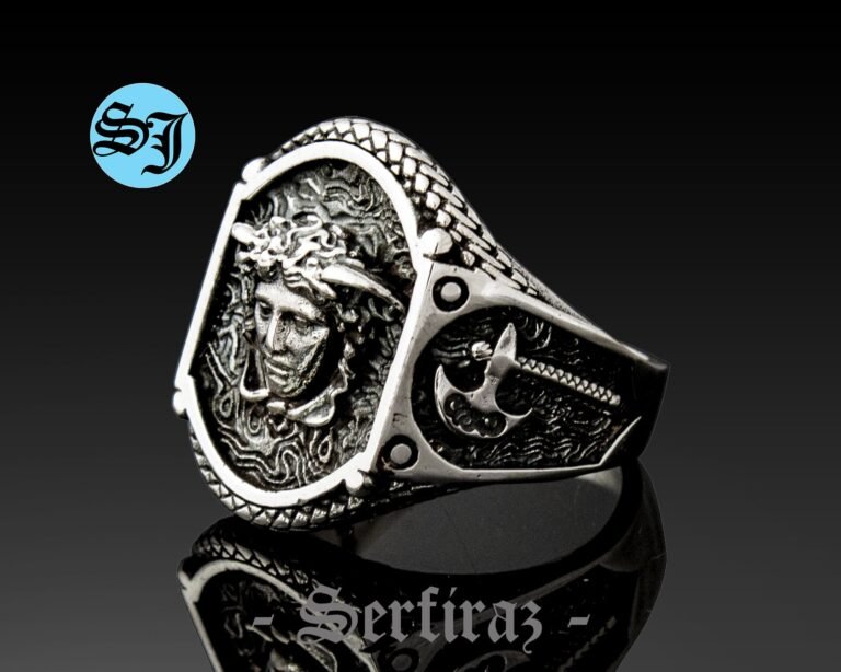 Medusa Ring, Antique Silver, Female Figure Ring, Symbol Ring, Ancient Silver Ring, Grandfather Gift, Handcarved Accessory, Handmade Jewelry