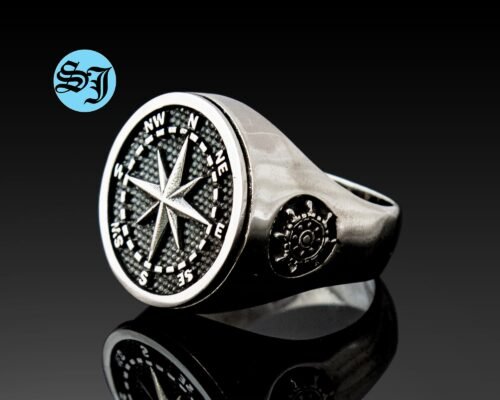 Compass Ring, Antique Silver, Mens Compass Ring, Ancient Silver Ring, Traveler's Ring, Graduation Ring, Ship Rudder Ring, Handmade Jewelry
