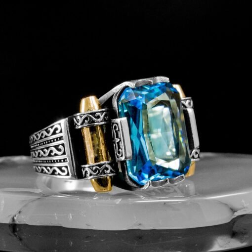 Rare Emerald Cut, Deep Blue Topaz Mens Ring, Sterling Silver 925, Handmade Blue Topaz Ring, Art Deco London Blue Topaz, Gift for Husband