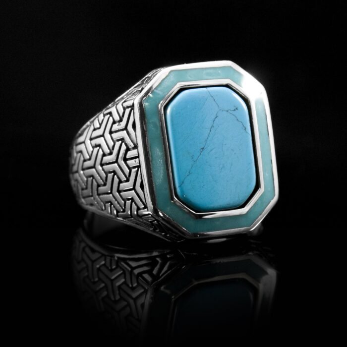 925 Sterling Silver Rings for Men with Octagon Shape Cut Blue Turquoise Stone, 925K Silver Men Ring, Ottoman Ring, Gift for Men