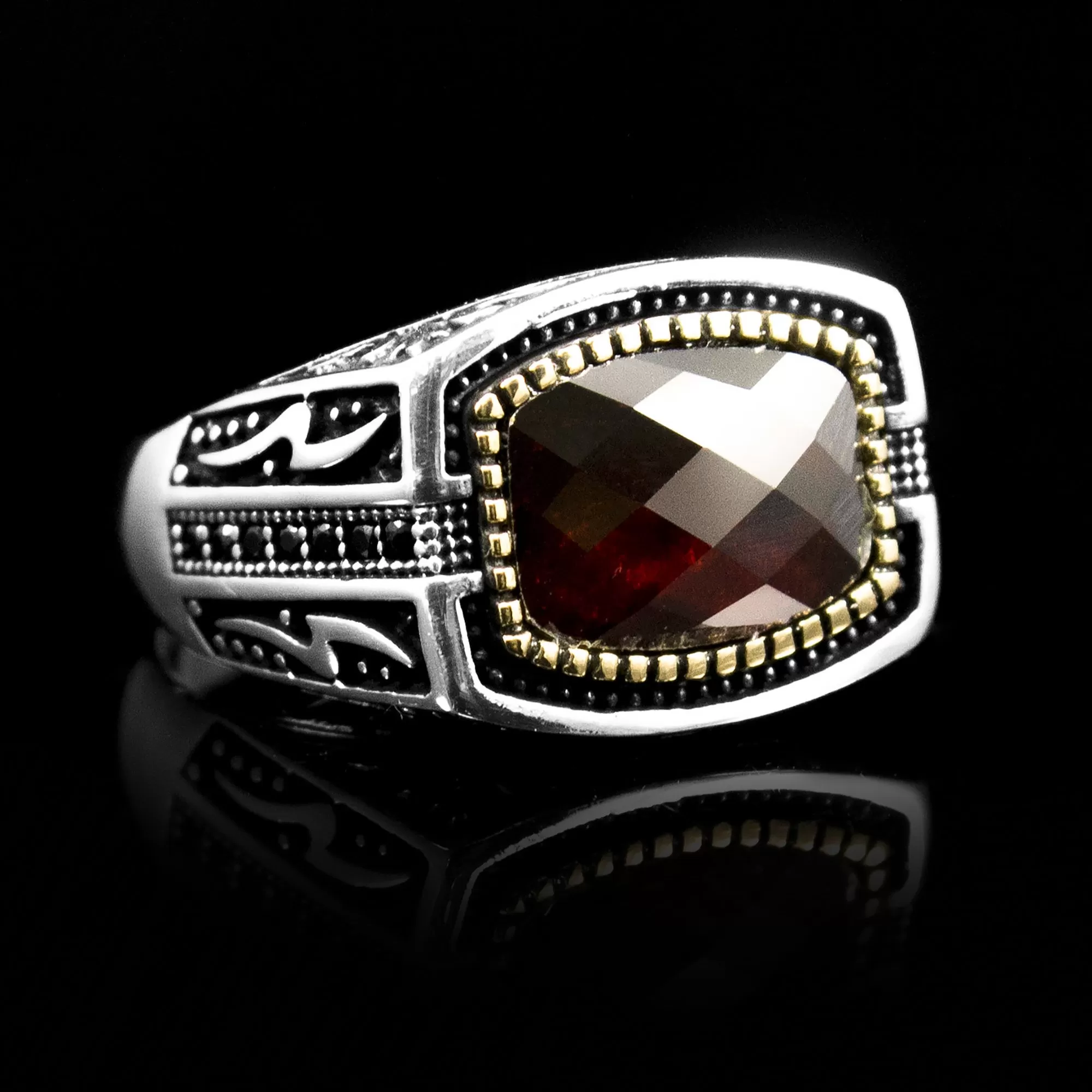 925 Sterling Silver Ring with Cushion Shape Cut Red Ruby Stone, Ottoman Ring, Ruby Birthstone Ring, Ruby Engagement Ring, Gift for Men