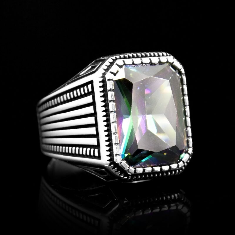 925 Sterling Silver Ring with Emerald Shape Cut Mystic Topaz, Ottoman Ring, 925K Silver Men Ring, Emerald Cut Ring, Gift for Men