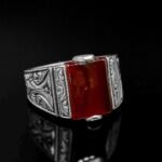 Handmade Fire Amber Ring for Men: Patterned Sterling Silver Band