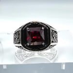 Handmade Sterling Silver Mens Ring: Princess Cut Red Ruby Stone - Image 3