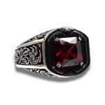 Handmade Sterling Silver Mens Ring: Princess Cut Red Ruby Stone - Image 7