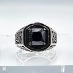Handmade Sterling Silver Mens Ring: Black Onyx Princess Cut Stone - Image 3