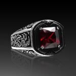 Handmade Sterling Silver Mens Ring: Princess Cut Red Ruby Stone