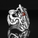 Sterling Silver Dragon Ring with Red Agate - Fantasy Jewelry