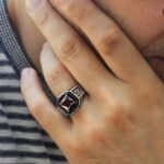 Handmade Sterling Silver Mens Ring: Princess Cut Red Ruby Stone - Image 4