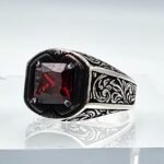 Handmade Sterling Silver Mens Ring: Princess Cut Red Ruby Stone - Image 5