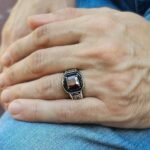 Handmade Sterling Silver Mens Ring: Princess Cut Red Ruby Stone - Image 2