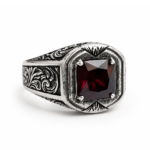 Handcrafted men's ruby ring with geometric princess cut gemstone