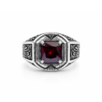 Men's ruby gemstone ring with princess cut red ruby and silver band