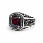 Princess cut red ruby men's statement ring in sterling silver