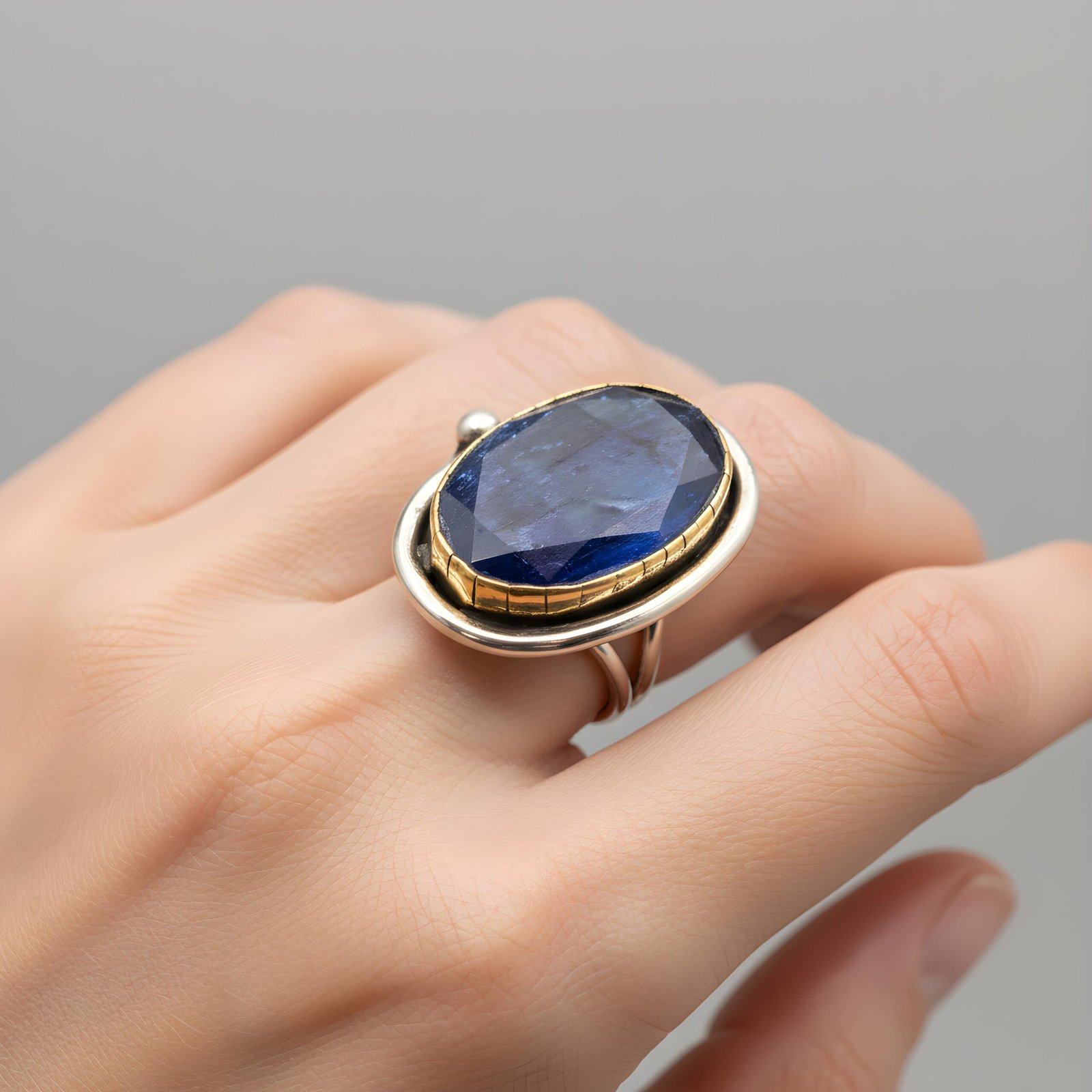 raw-blue-sapphire-ring-silver-gold. Raw blue sapphire ring in 925 sterling silver with gold details