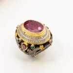 Ruby Emerald Ottoman Ring, Gold Gilded Sterling Silver Statement Jewelry - Image 2