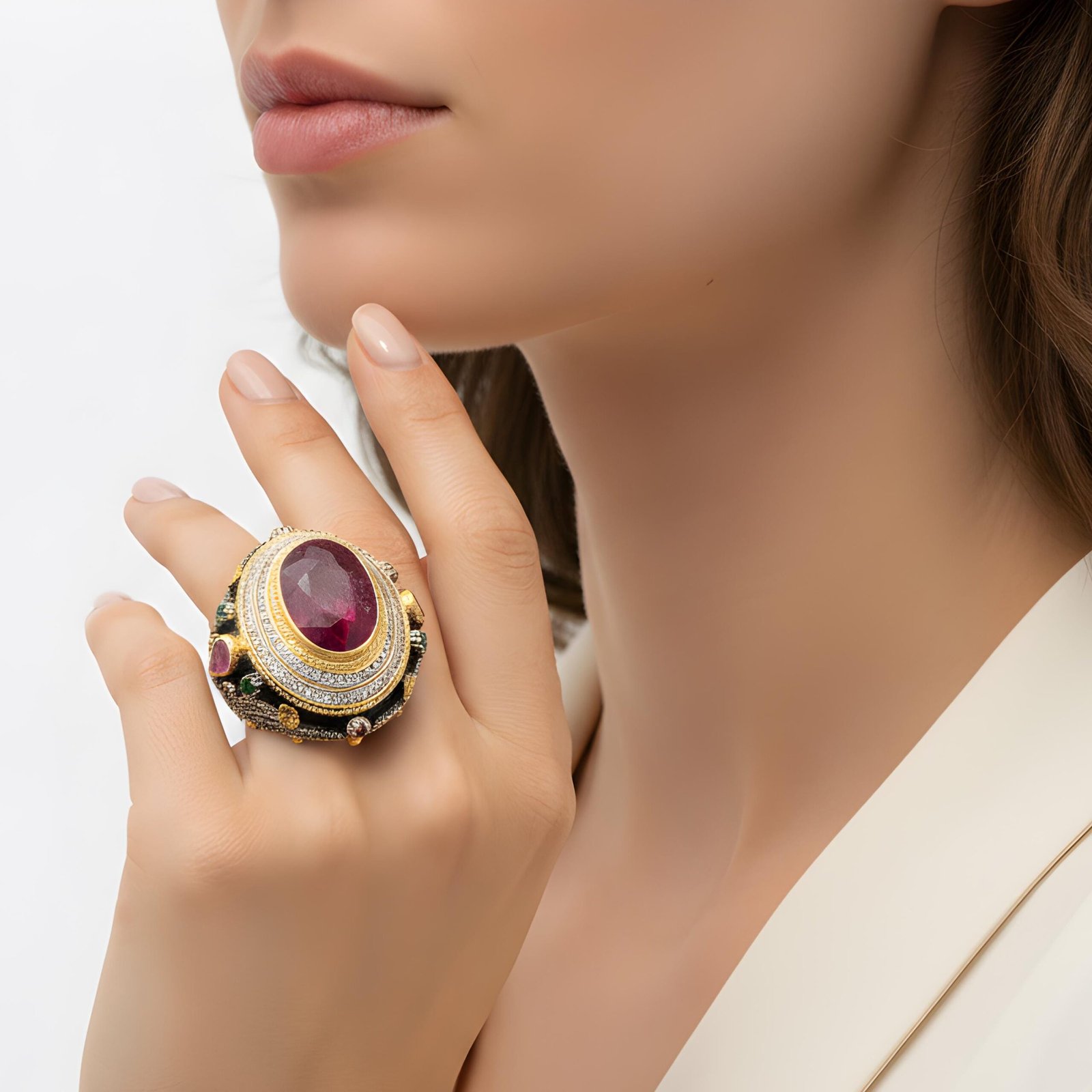 Ruby emerald Ottoman ring in gold-gilded sterling silver