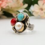 Boho Statement Gemstone Ring – Turquoise Coral Pearl Silver Gold Cocktail Ring – Artisan Vintage Style - Image 6