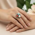Boho Statement Gemstone Ring – Turquoise Coral Pearl Silver Gold Cocktail Ring – Artisan Vintage Style - Image 3