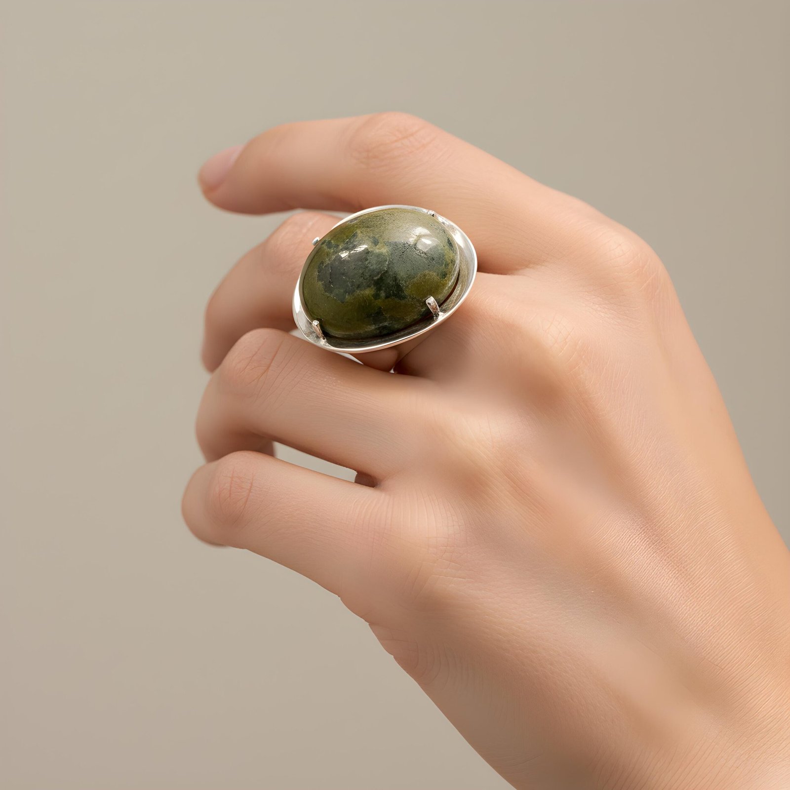 Natural serpentine stone ring with sterling silver setting