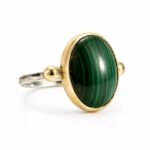 Handmade Oval Malachite Ring in 925 Sterling Silver, Gold Bezel Gemstone Ring for Her